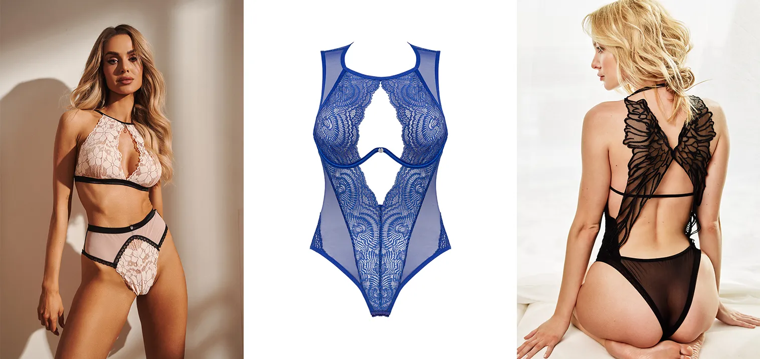 Collage con un completo rosa, un body blu e un body nero con disegno a forma di ali sulla schiena.