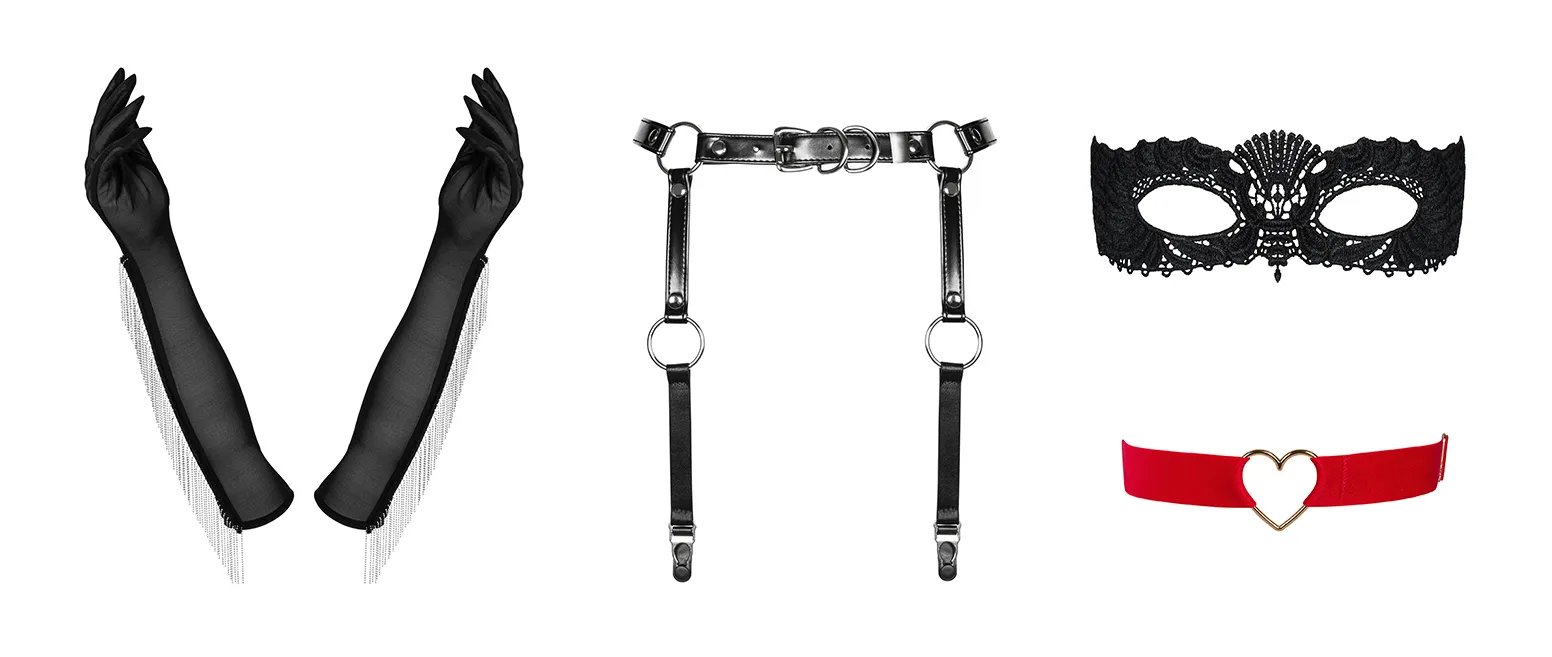 Accessori Obsessive: guanti con perline scintillanti, harness in pelle, maschera in pizzo guipure e reggicalze rossi con cuore decorativo dorato