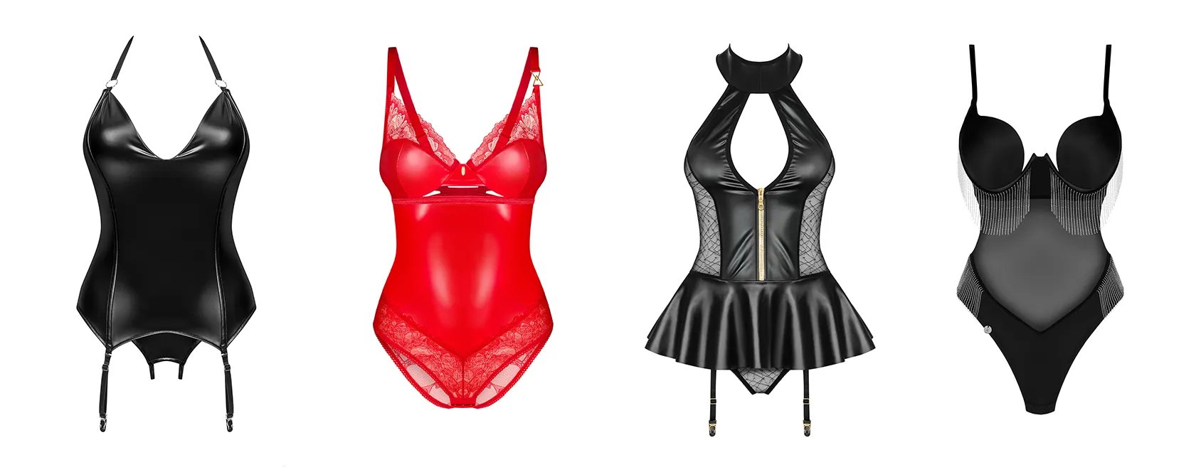 Quattro modelli di lingerie Obsessive: due corsetti in pelle nera, un body rosso e un body nero con perline scintillanti