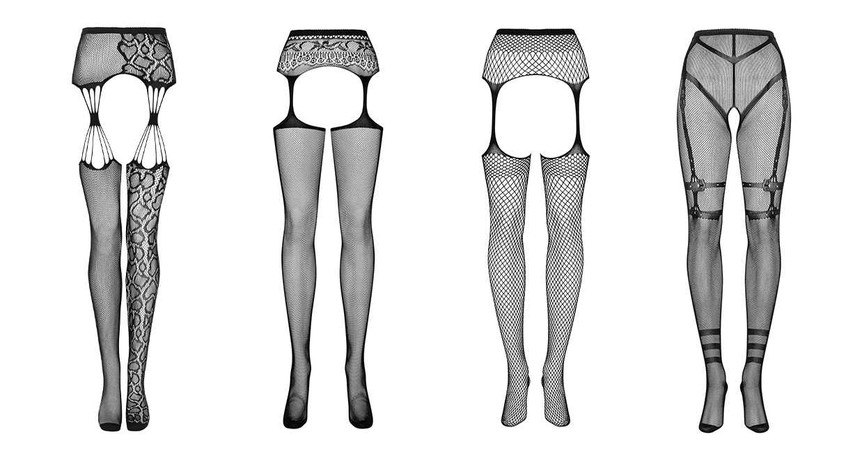 Photos of 4 garter stockings: leopard print on one leg, plain with decorative belt, plain with larger eyelets, plain with strap motifs wrapped around the legs