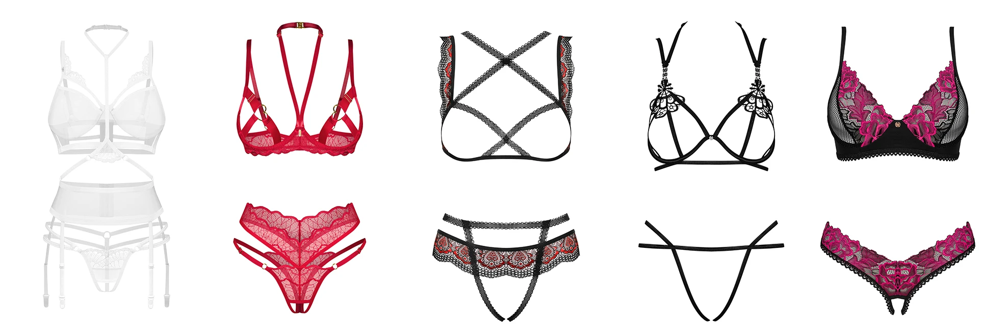 Obsessive erotic sets in various colors: black, red, white, with pink lace.