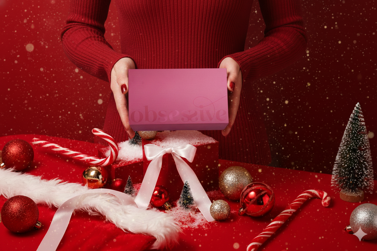 Photo of a woman holding an Obsessive lingerie gift box with Christmas accents in the background