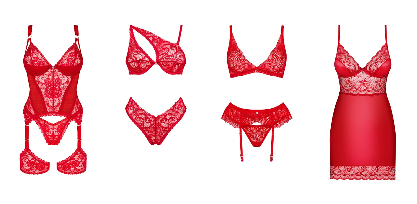 photos of red lingerie models: a lace corset with garters, a set: an asymmetrical bra and panties, a set with a garter belt and a nightie