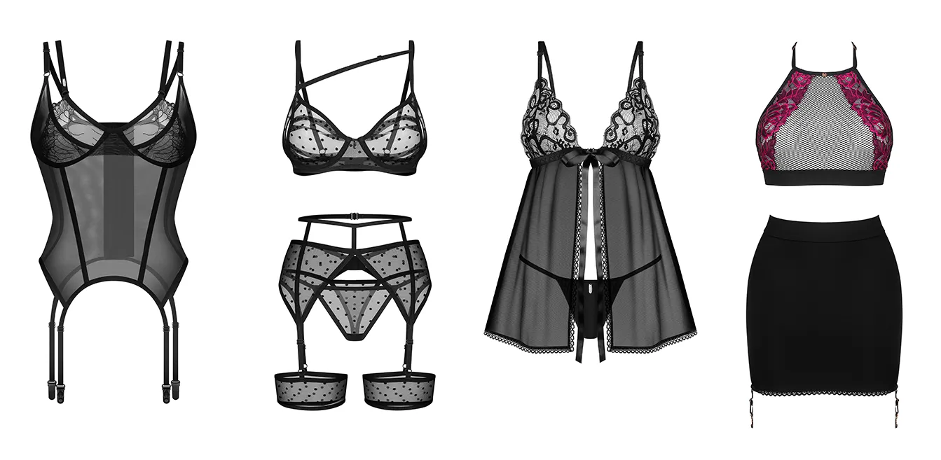 Photos of black lingerie models: a see-through corset, a set: bra, thong, garter belt, see-through babydoll and a set: top and skirt