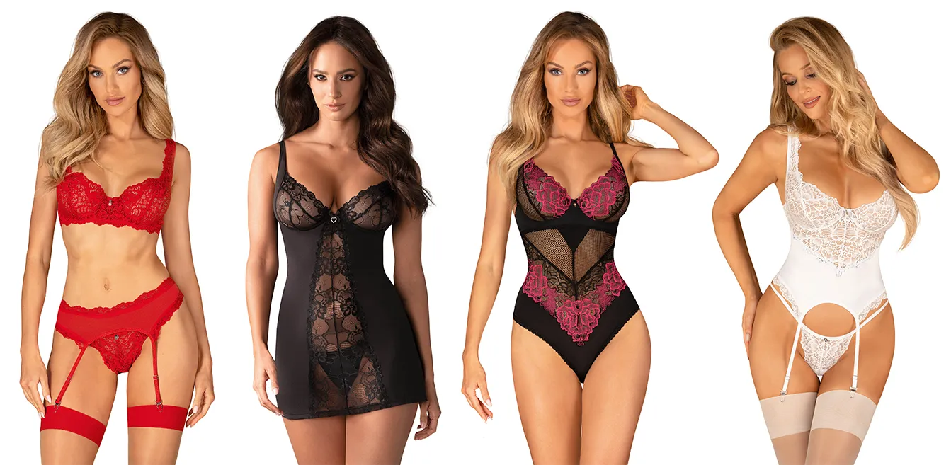 photos of lace lingerie models: red set with a belt, black nightie, black bodysuit with pink trim, white corset and thong