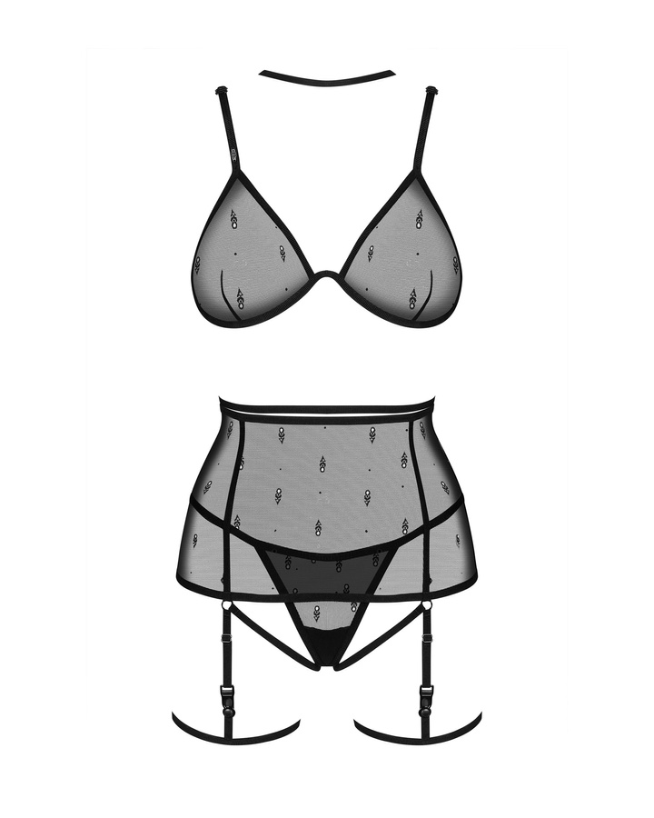 Set: bra, thong, garter belt & garters