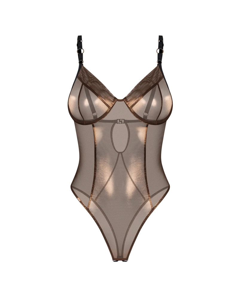 Gold-shimmering mesh crotchless teddy