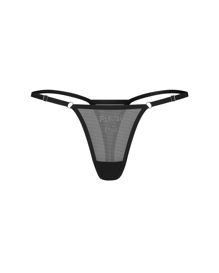 Transparent, black thong with rhinestone decoration