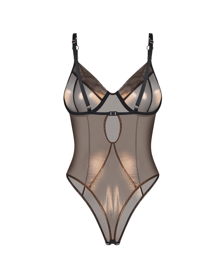 Gold-shimmering mesh crotchless teddy