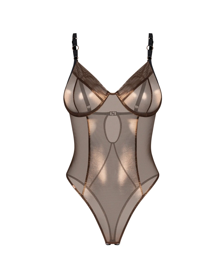 Gold-shimmering mesh crotchless teddy