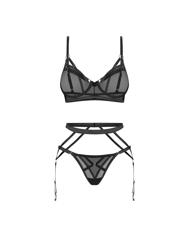 Set: underwired bra, tanga, garter belt