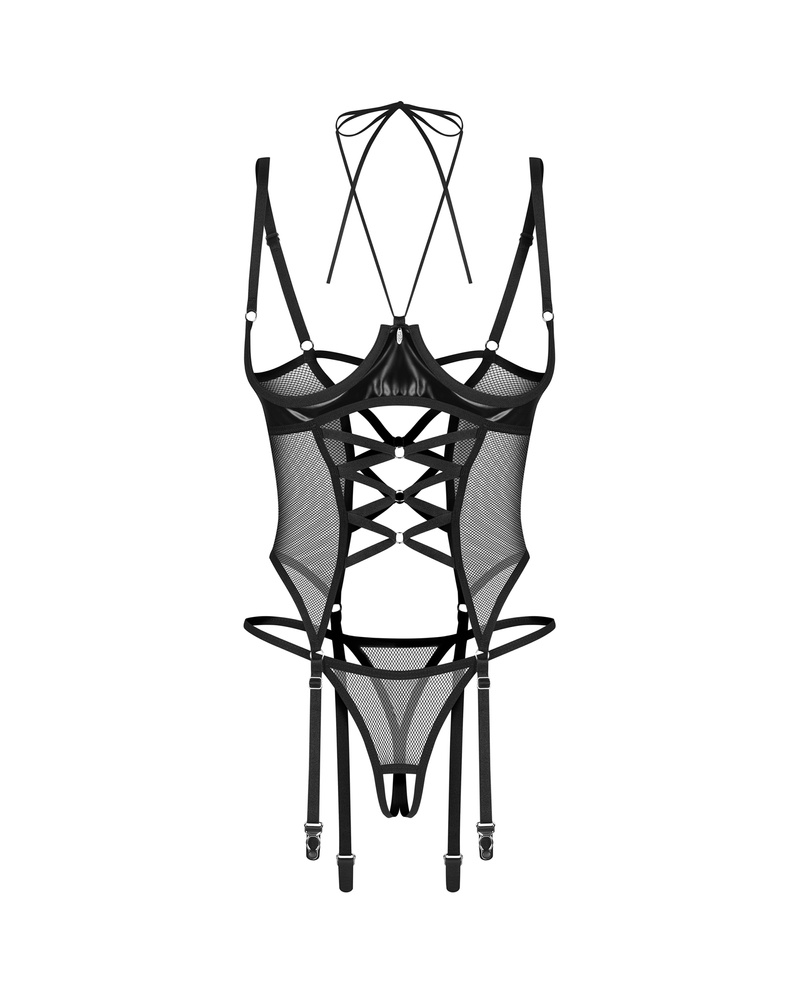 Corset with halter-style tie & crotchless thong