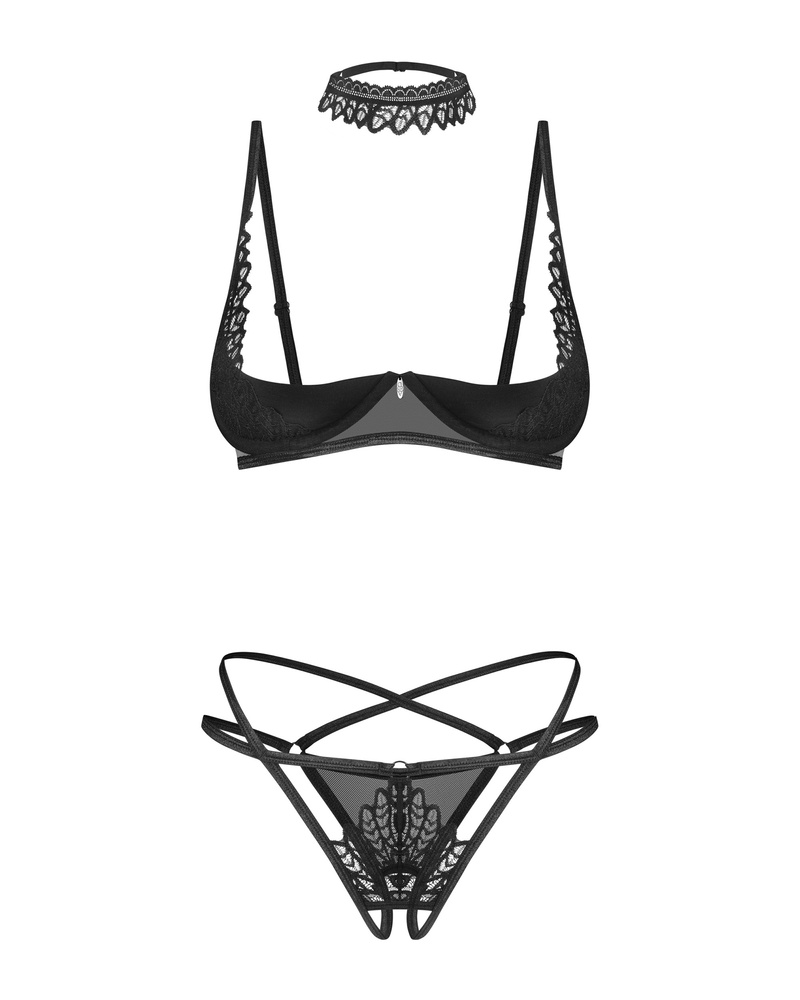 Mezzo reggiseno, perizoma aperto sul cavallo e choker